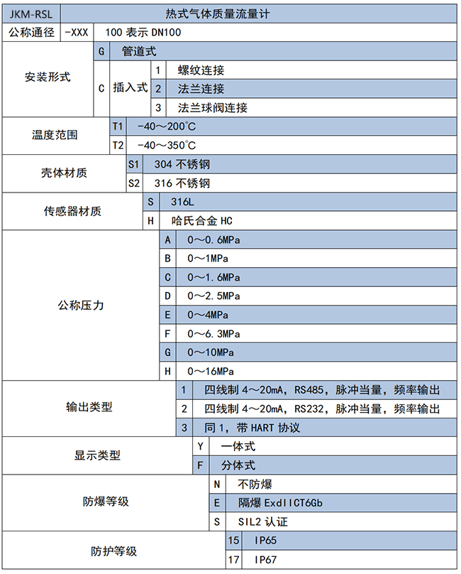 DN40熱式氣體質(zhì)量流量計選項表